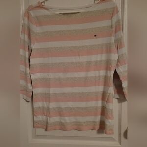 Tommy Hilfiger Pink, White, and Tan Striped Long Sleeve Tee